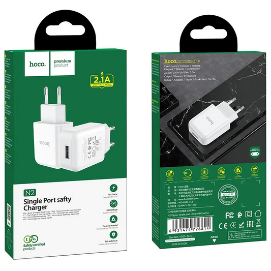 HOCO N2 Nettadapter, 10W, 2A, 1 x USB-A, Hvit