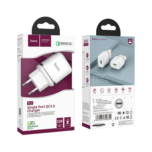 HOCO N3 Nettlader, 18W, 3A, 1 x USB-A, Hvit