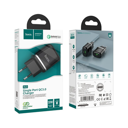 HOCO N3 Nettlader, 18W, 3A, 1 x USB-A, Svart