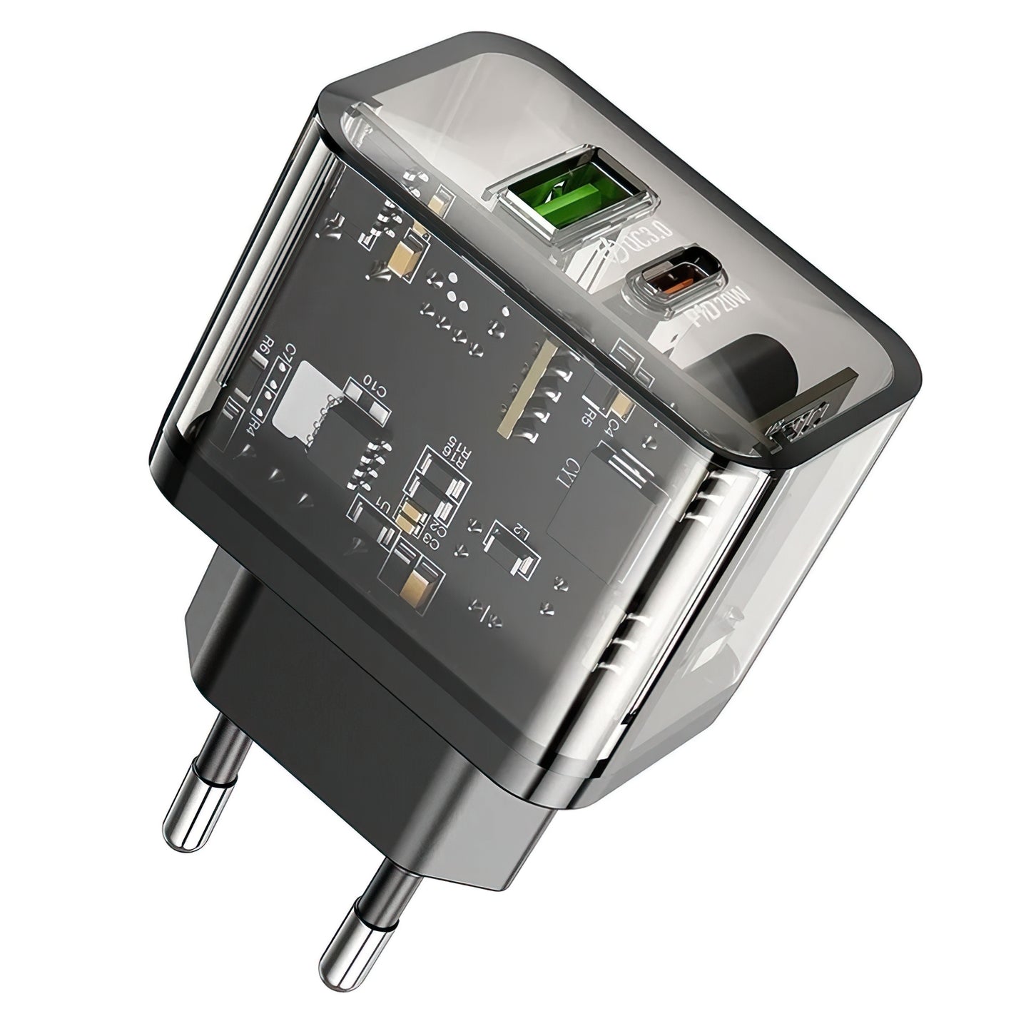 HOCO N34 Nettlader, 20W, 3A, 1 x USB-A - 1 x USB-C, Gjennomsiktig