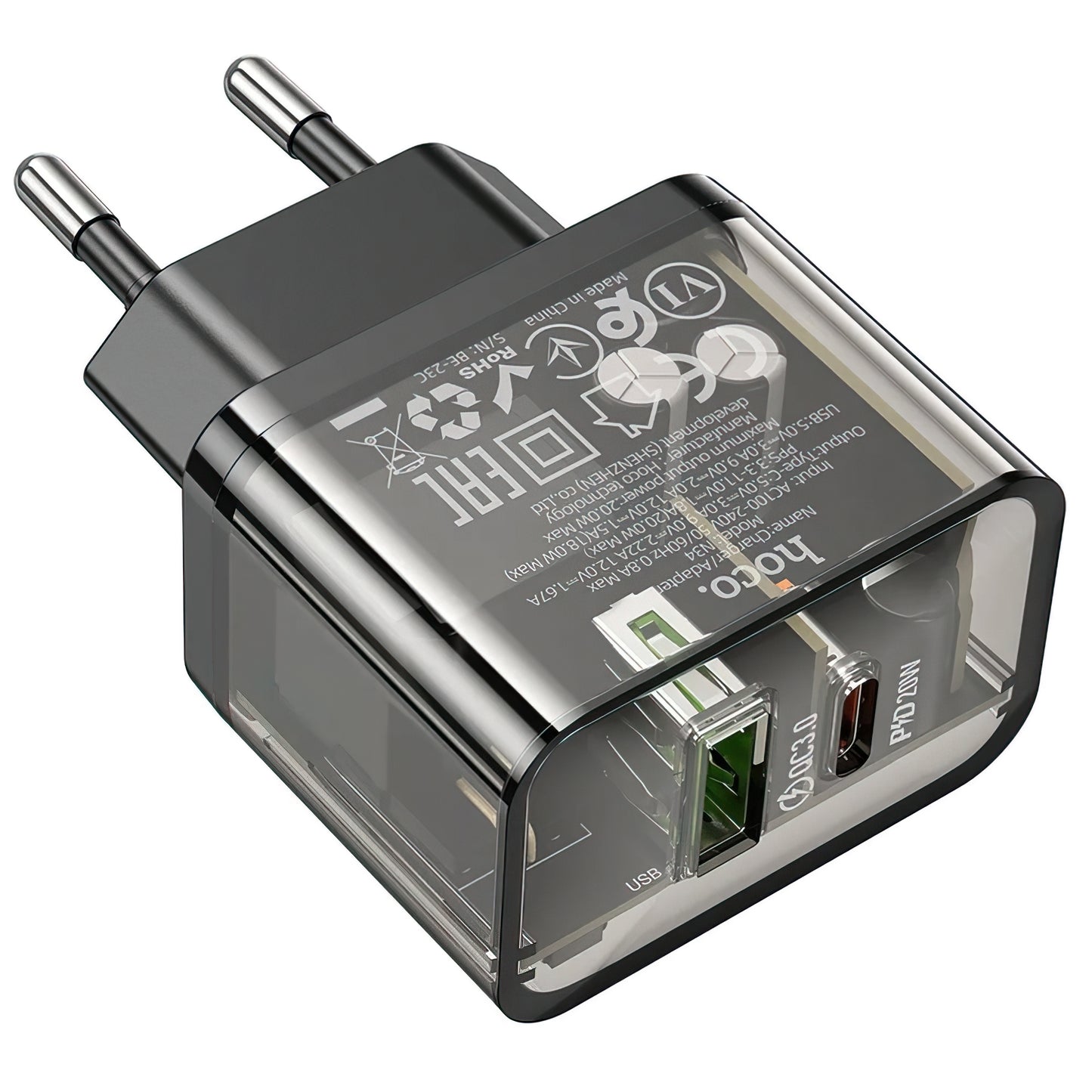 HOCO N34 Nettlader, 20W, 3A, 1 x USB-A - 1 x USB-C, Gjennomsiktig