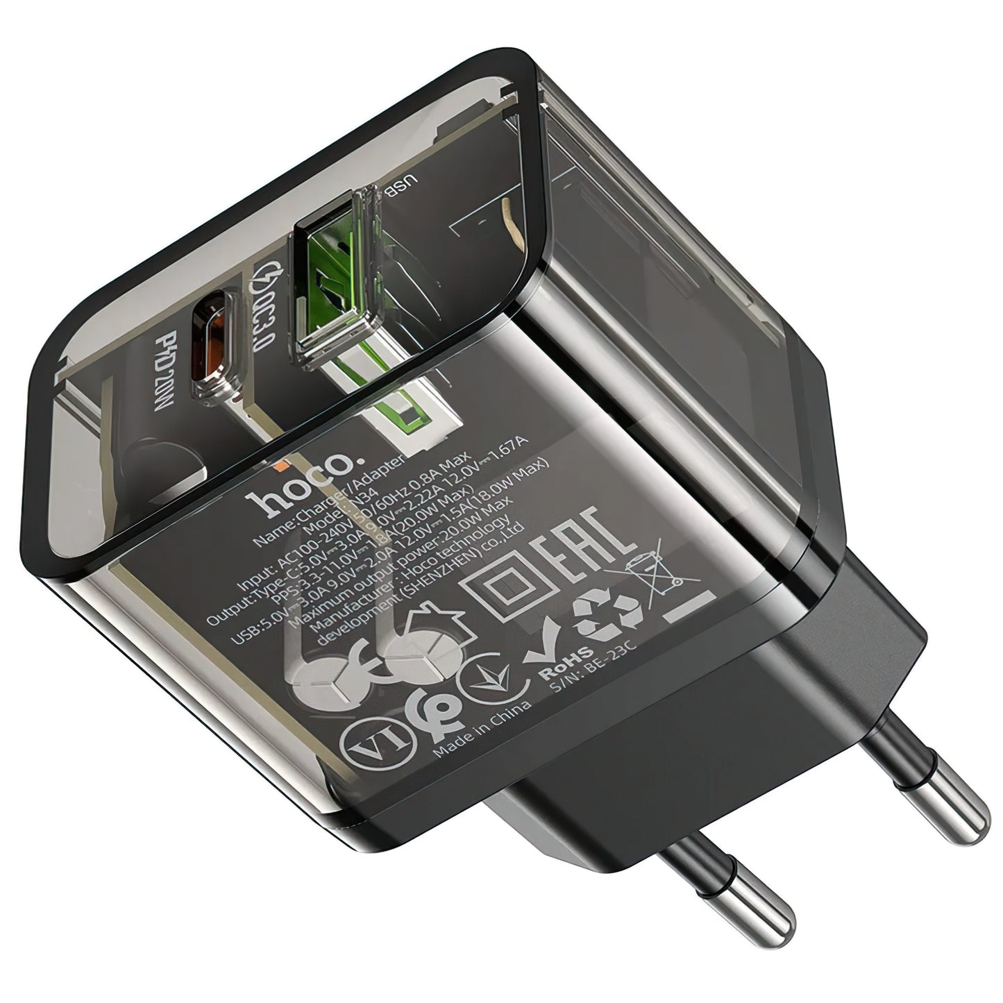 HOCO N34 Nettlader, 20W, 3A, 1 x USB-A - 1 x USB-C, Gjennomsiktig