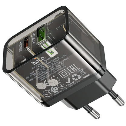 HOCO N34 Nettlader, 20W, 3A, 1 x USB-A - 1 x USB-C, Gjennomsiktig