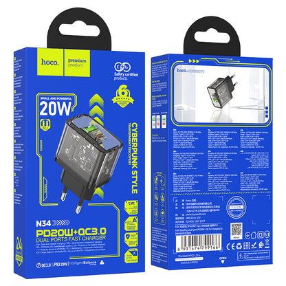 HOCO N34 Nettlader, 20W, 3A, 1 x USB-A - 1 x USB-C, Gjennomsiktig