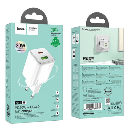 Nettlader HOCO N41, 20W, 3A, 1 x USB-A - 1 x USB-C, Hvit