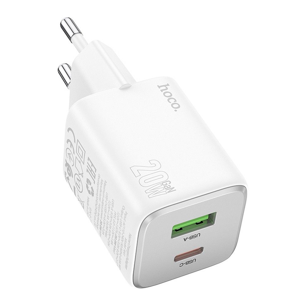 Nettlader HOCO N41, 20W, 3A, 1 x USB-A - 1 x USB-C, Hvit