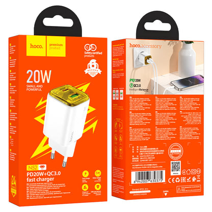 Nettlader HOCO N52, 20W, 3A, 1 x USB-A - 1 x USB-C, Hvit
