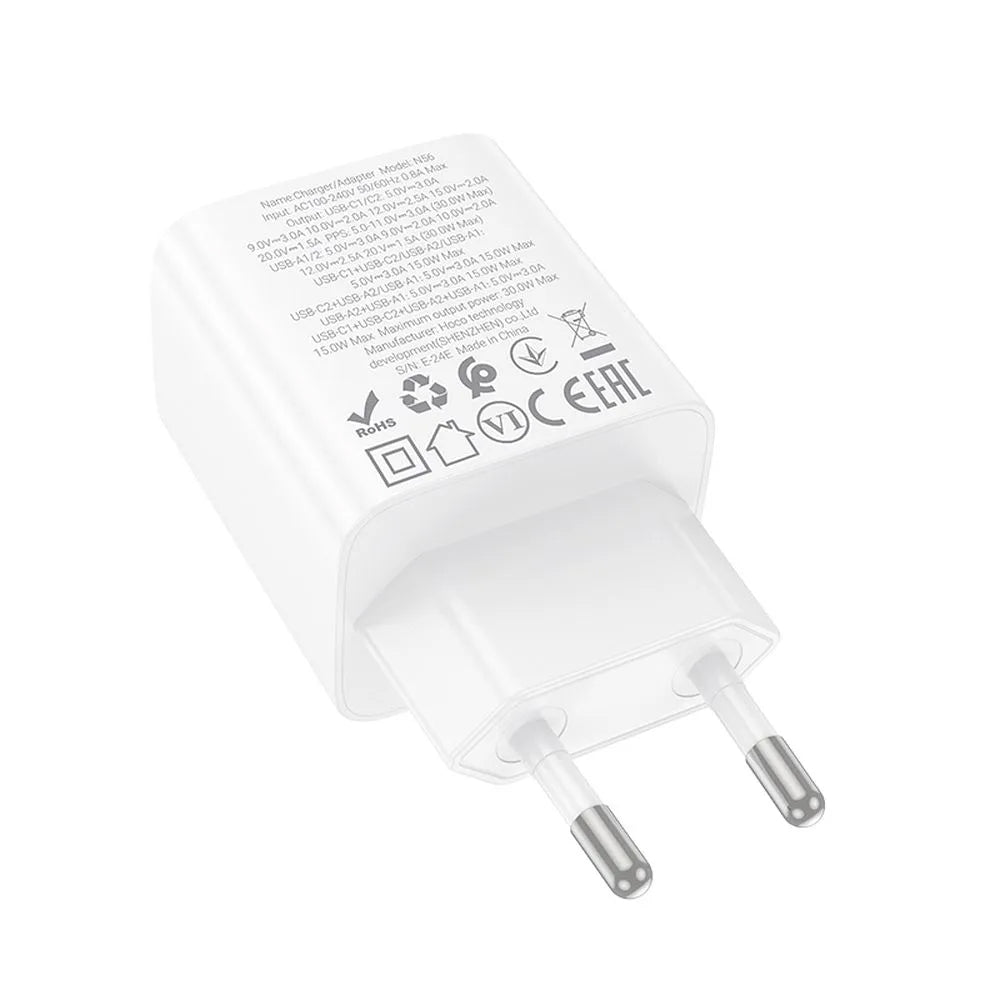 Nettlader HOCO N56, 30W, 3A, 2 x USB-A - 2 x USB-C, Hvit
