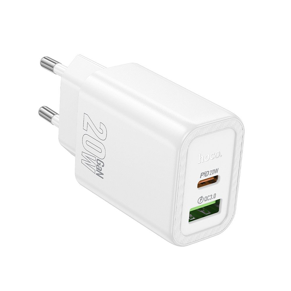 Nettlader HOCO N61, 20W, 3A, 1 x USB-A - 1 x USB-C, Hvit