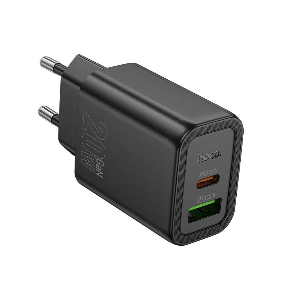 Nettlader HOCO N61, 20W, 3A, 1 x USB-A - 1 x USB-C, Svart