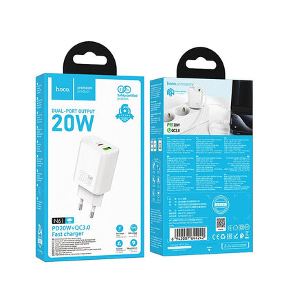 Nettlader HOCO N61, 20W, 3A, 1 x USB-A - 1 x USB-C, Hvit