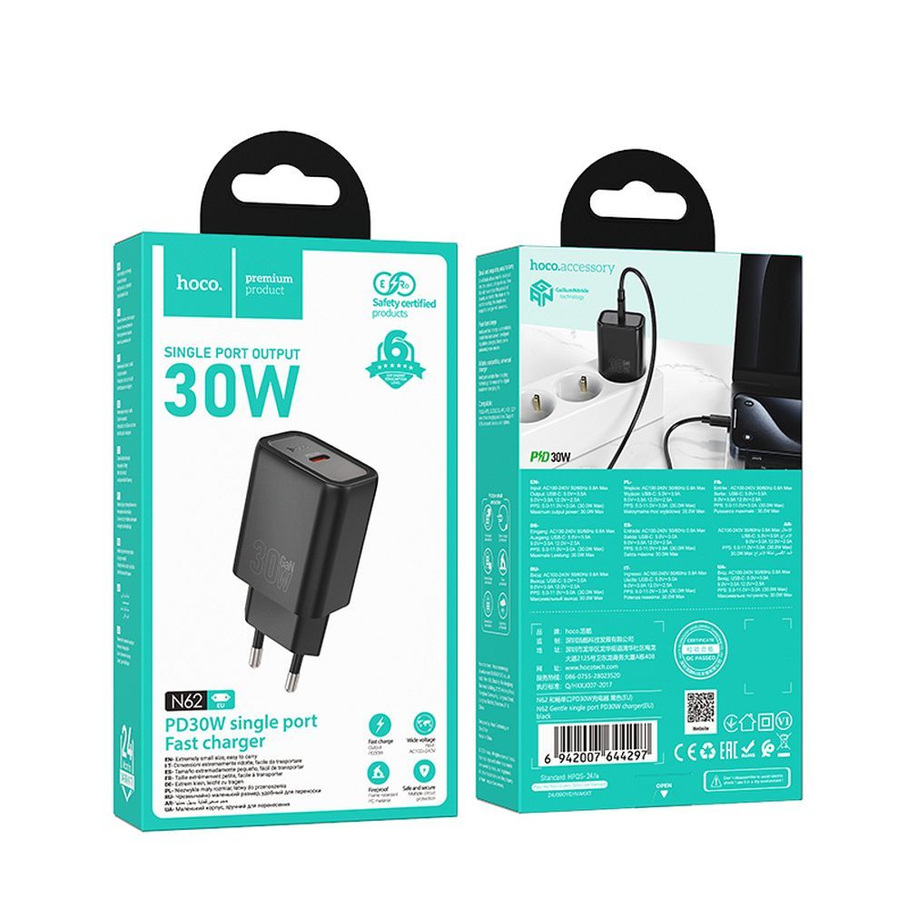 Nettlader HOCO N62, 30W, 3A, 1 x USB-C, Svart