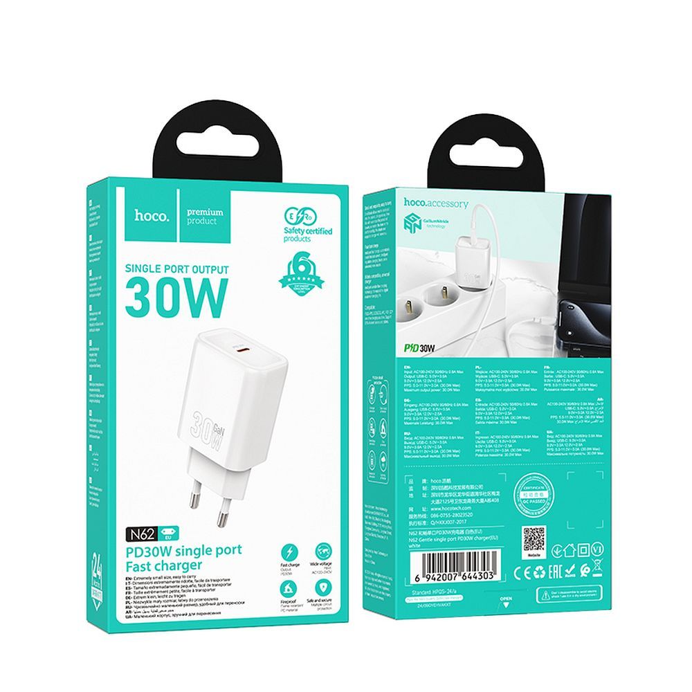 Nettlader HOCO N62, 30W, 3A, 1 x USB-C, Hvit