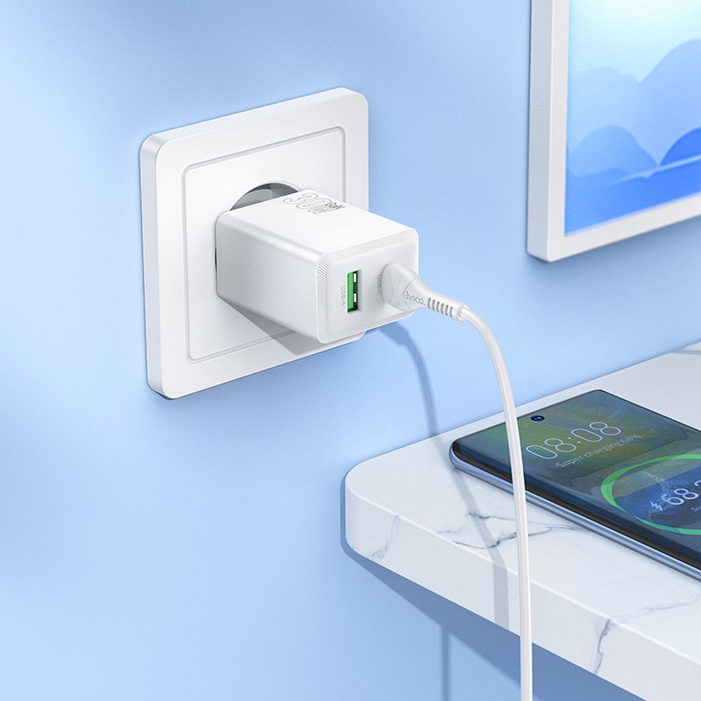 Nettlader HOCO N71, 30W, 3A, 1 x USB-A - 1 x USB-C, Hvit