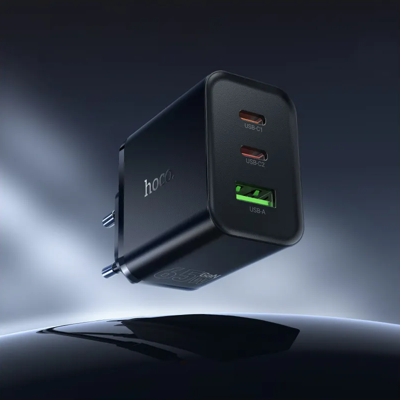 Nettlader HOCO N75, 65W, 3A, 1 x USB-A - 2 x USB-C, Svart