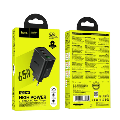 Nettlader HOCO N75, 65W, 3A, 1 x USB-A - 2 x USB-C, Svart