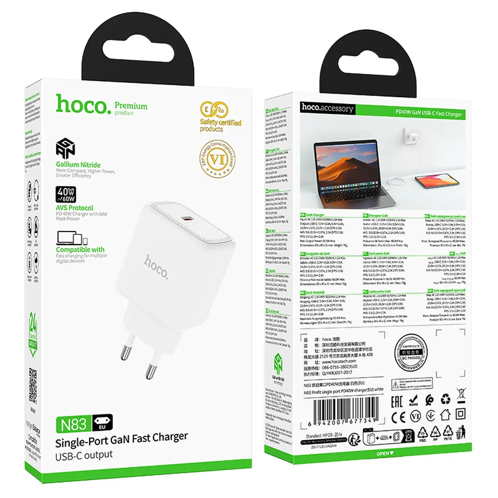 HOCO N83 Nettlader, 40W, 3A, 1 x USB-C, Hvit