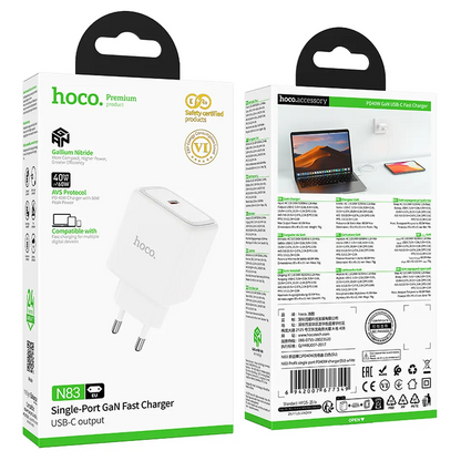 HOCO N83 Nettlader, 40W, 3A, 1 x USB-C, Hvit