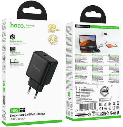 HOCO N83 Nettlader, 40W, 3A, 1 x USB-C, Svart