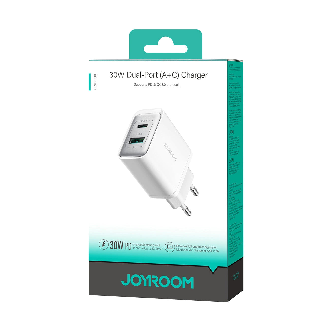 Joyroom JR-TCF15 nettverkslader, 30W, 5A, 1 x USB-A - 1 x USB-C, Hvit