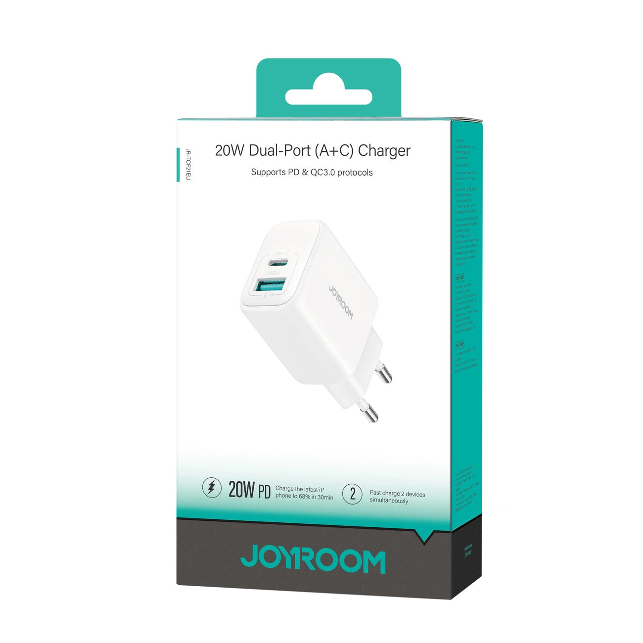 Joyroom JR-TCF21 nettverkslader, 20W, 3A, 1 x USB-A - 1 x USB-C, Hvit