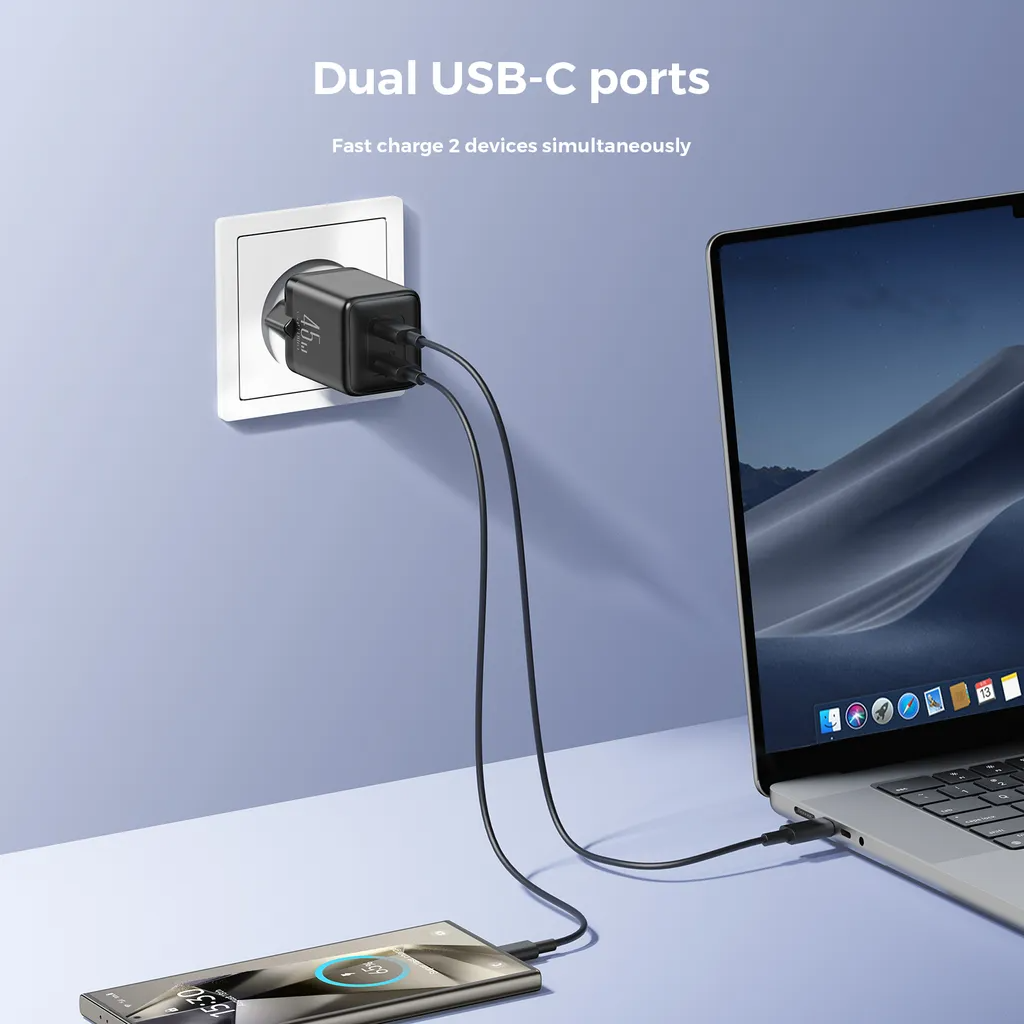 Joyroom JR-TCG17 nettverkslader, 45W, 3A, 2 x USB-C, Svart