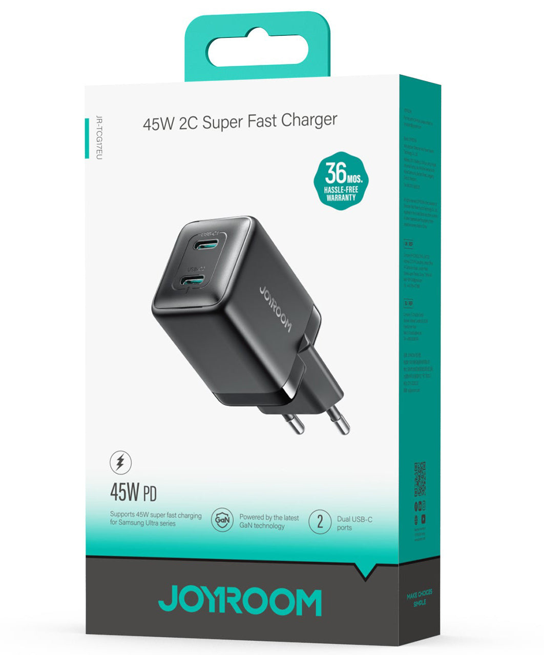 Joyroom JR-TCG17 nettverkslader, 45W, 3A, 2 x USB-C, Svart