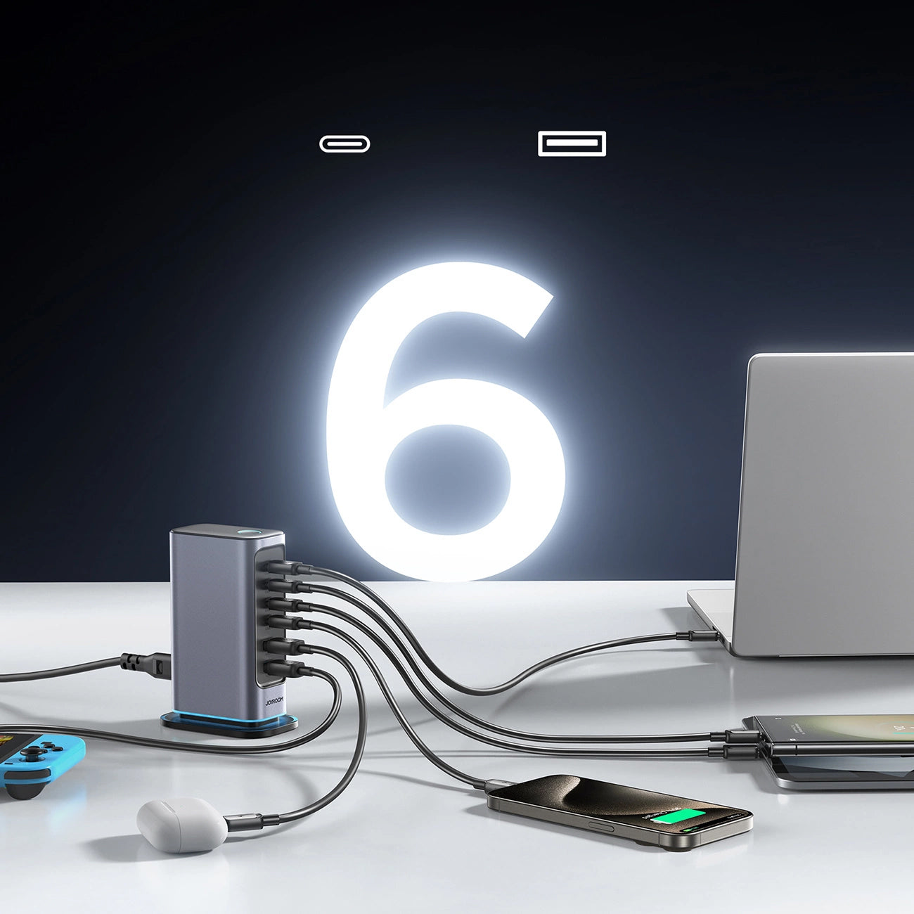 Ladestasjon Joyroom JR-TCM02, 65W, 3.25A, 2 x USB-A - 4 x USB-C, Grå