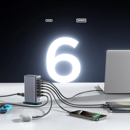 Ladestasjon Joyroom JR-TCM02, 65W, 3.25A, 2 x USB-A - 4 x USB-C, Grå