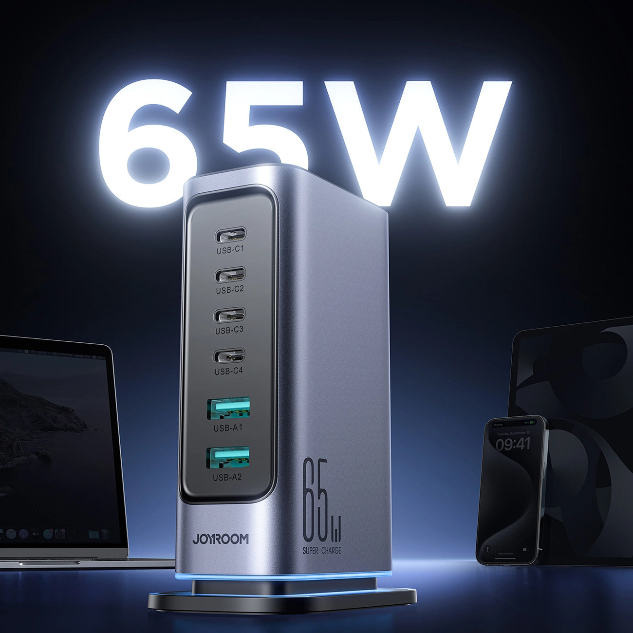 Ladestasjon Joyroom JR-TCM02, 65W, 3.25A, 2 x USB-A - 4 x USB-C, Grå