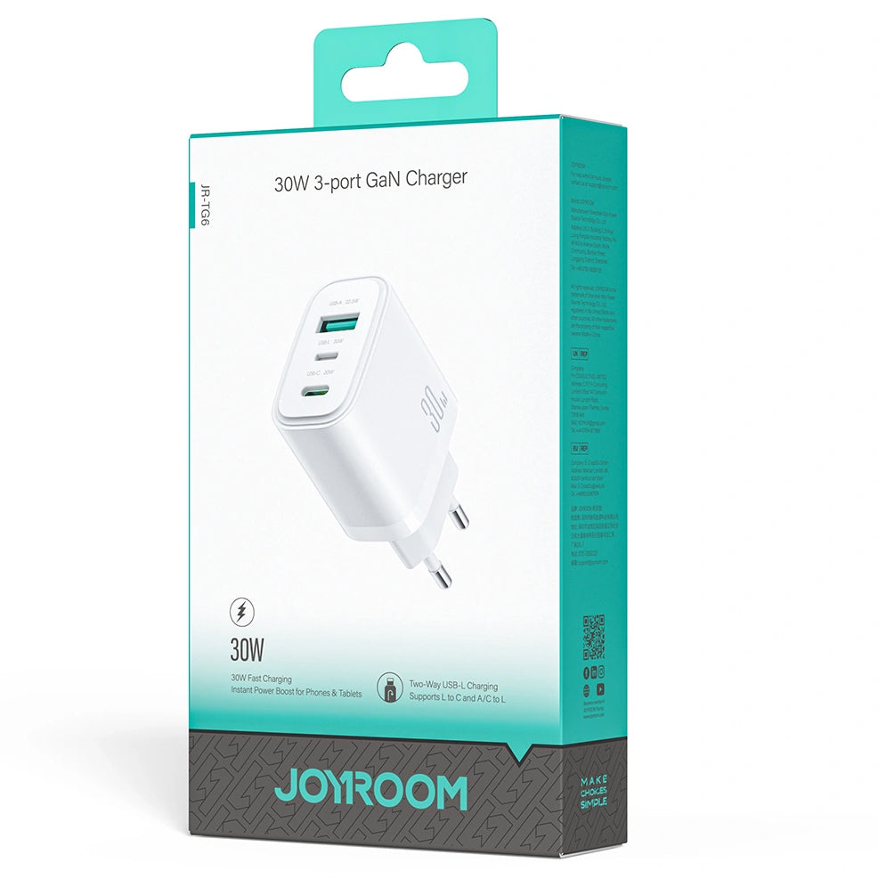 Joyroom JR-TG6 nettadapter, 30W, 3A, 1 x Lightning - 1 x USB-A - 1 x USB-C, hvit