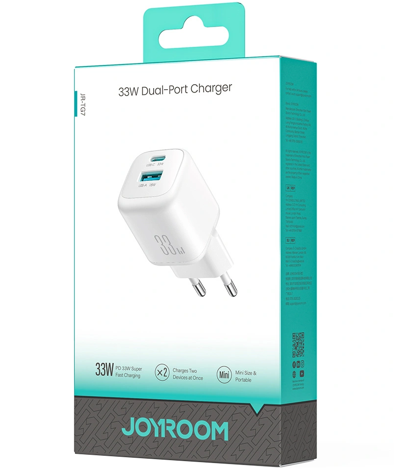 Joyroom JR-TG7 nettverkslader, 33W, 3A, 1 x USB-A - 1 x USB-C, Hvit
