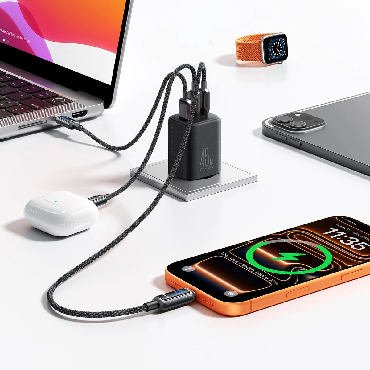 Joyroom JR-TO1 nettadapter, 45W, 3A, 1 x Lightning - 1 x USB-A - 1 x USB-C, svart