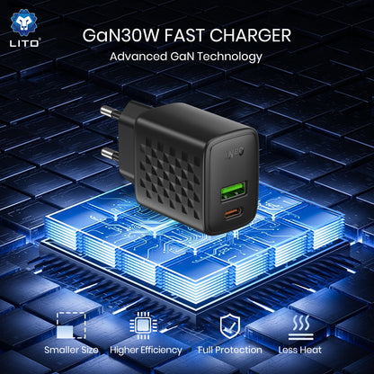 Lito LC19 Nettlader, 30W, 3A, 1 x USB-A - 1 x USB-C, Svart