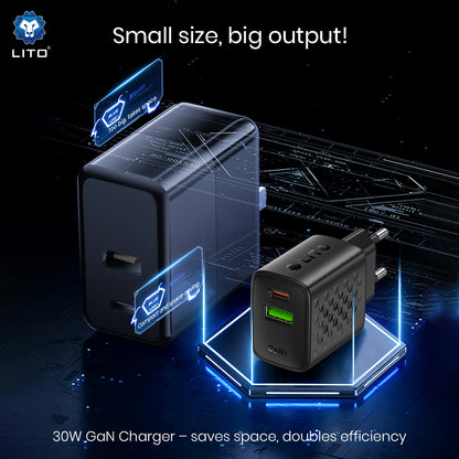 Lito LC19 Nettlader, 30W, 3A, 1 x USB-A - 1 x USB-C, Svart
