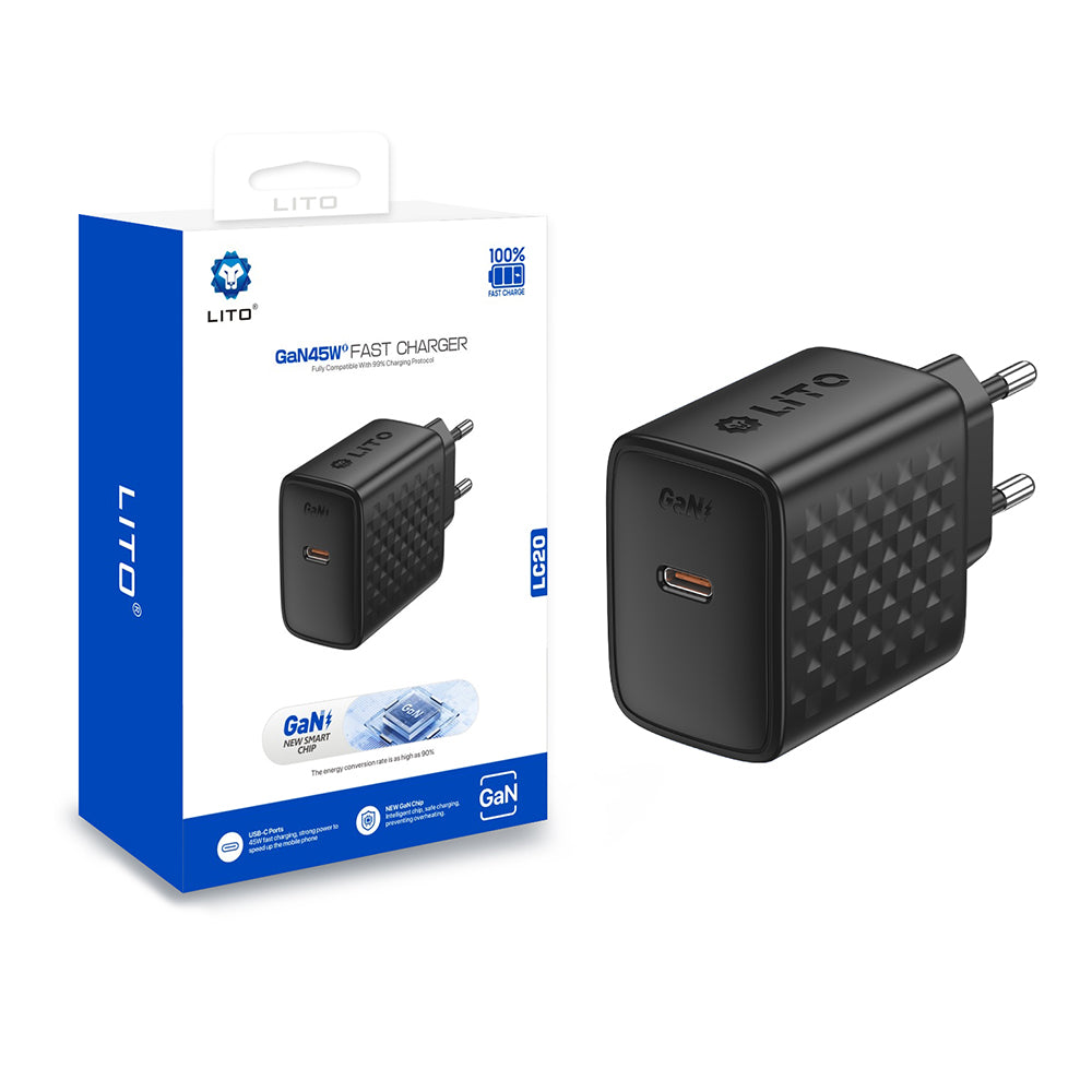 Lito LC20 nettverkslader, 45W, 3A, 1 x USB-C, Svart