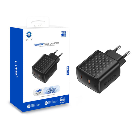 Nettlader Lito LC22, 45W, 3A, 2 x USB-C, Svart
