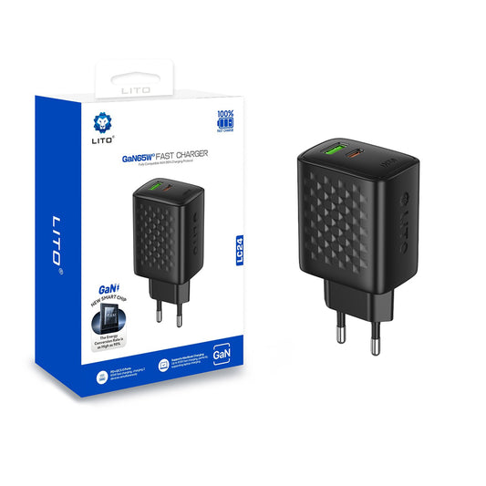 Lito LC24 nettverkslader, 65W, 3.25A, 1 x USB-A - 1 x USB-C, Svart