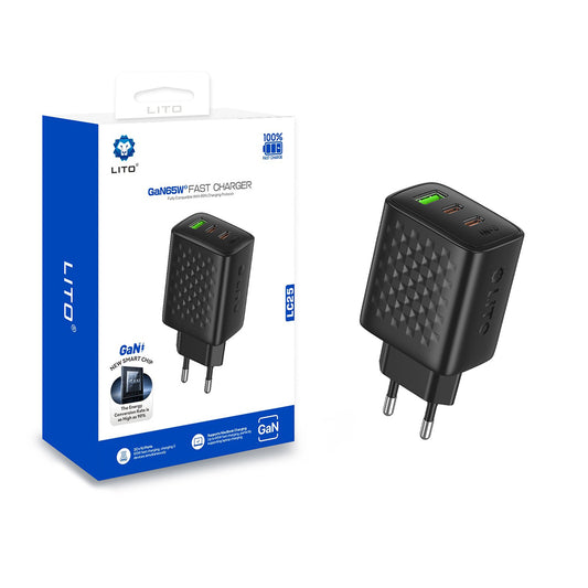 Lito LC25 nettverkslader, 65W, 3.25A, 1 x USB-A - 2 x USB-C, Svart