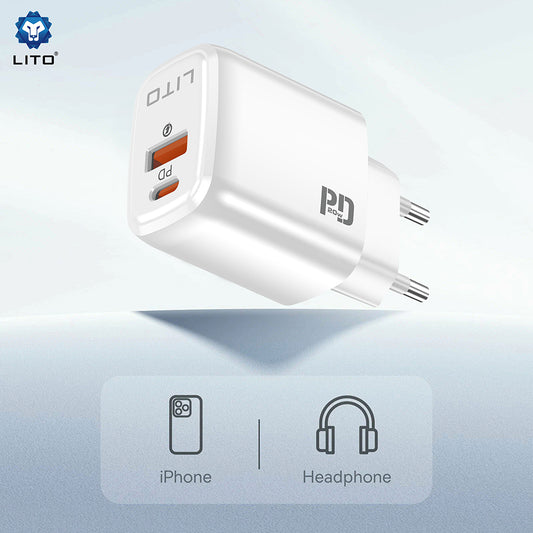 Lito LC28 Nettlader, 20W, 3A, 1 x USB-A - 1 x USB-C, Hvit