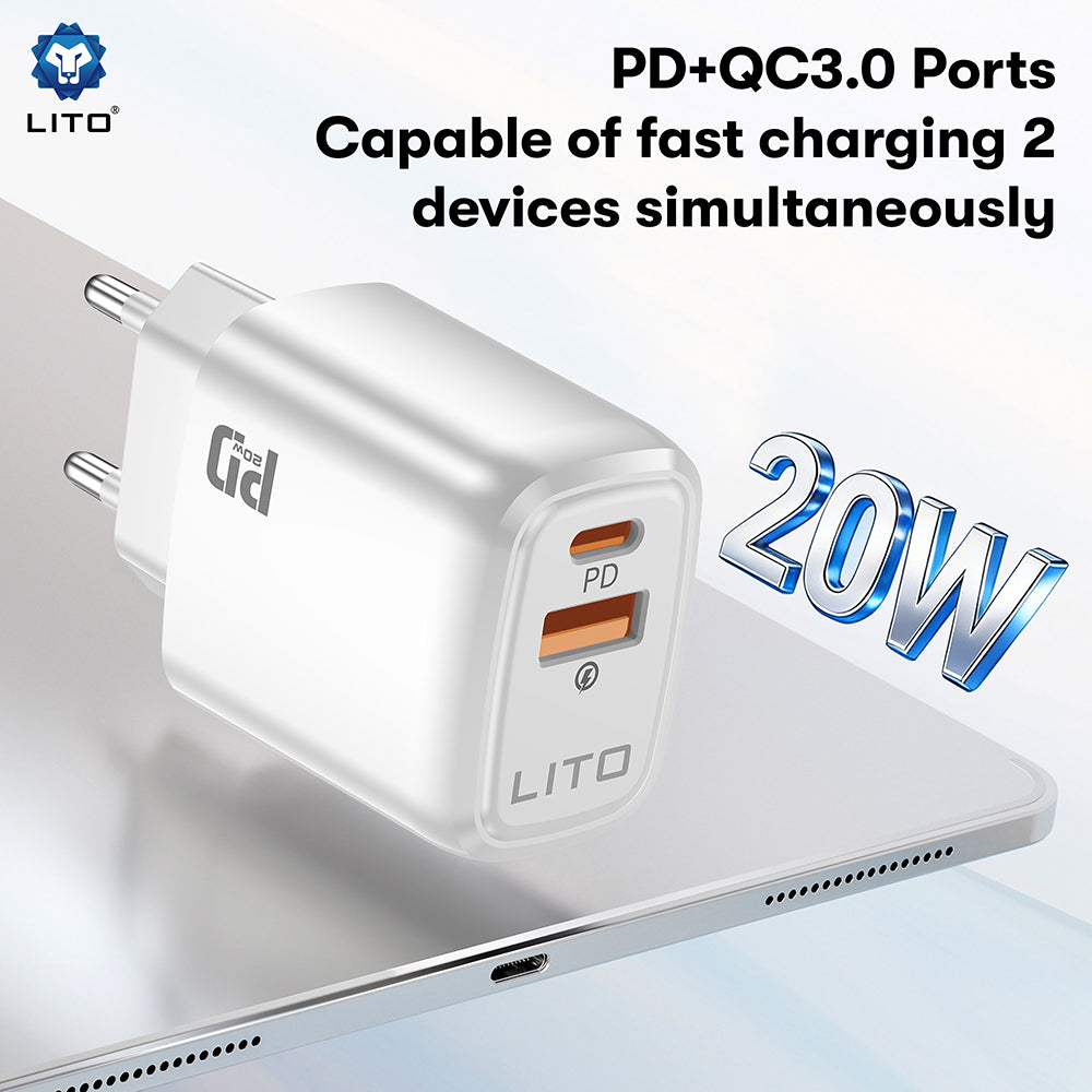 Lito LC28 Nettlader, 20W, 3A, 1 x USB-A - 1 x USB-C, Hvit