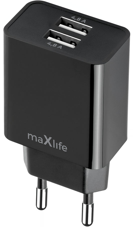MaXlife MXTC-12 nettverkslader, 24W, 2.4A, 2 x USB-A, Svart