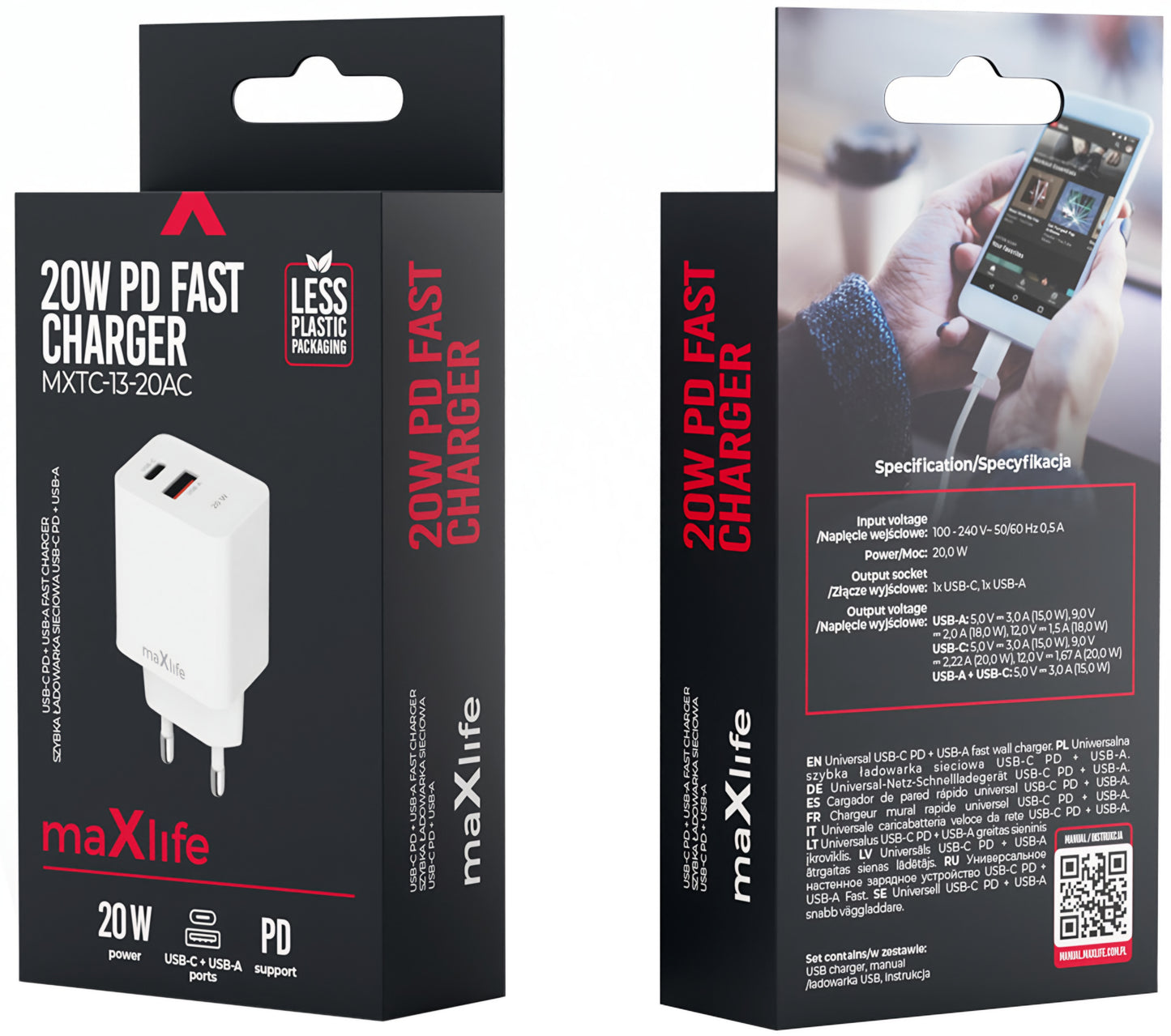MaXlife MXTC-13-20AC Nettlader, 20W, 3A, 1 x USB-A - 1 x USB-C, Hvit