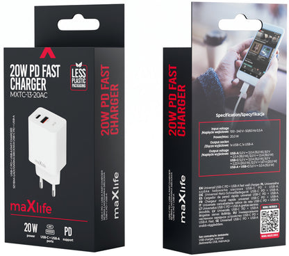 MaXlife MXTC-13-20AC Nettlader, 20W, 3A, 1 x USB-A - 1 x USB-C, Hvit