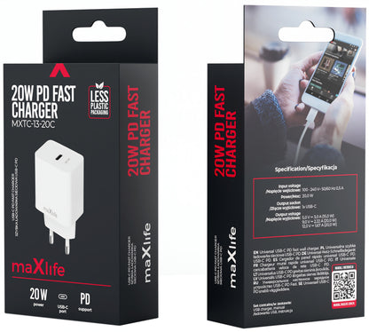 Nettlader MaXlife MXTC-13-20C, 20W, 3A, 1 x USB-C, Hvit