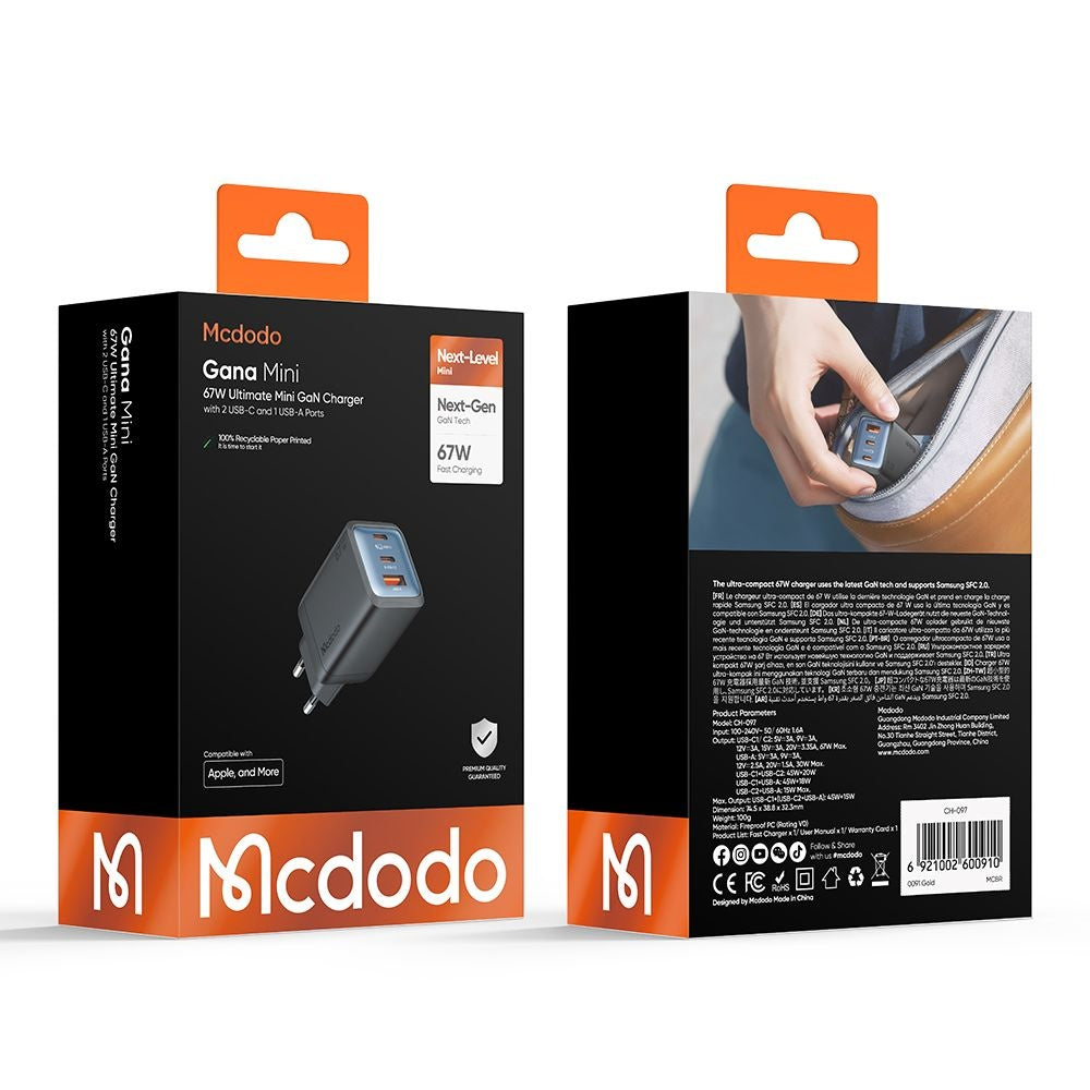Nettlader McDodo CH-0970 Gana Mini, 67W, 3A, 1 x USB-A - 2 x USB-C, Svart