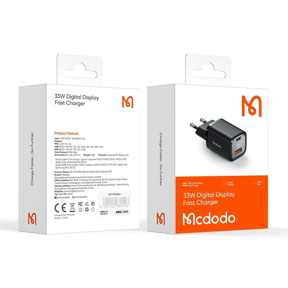 McDodo CH-1701 Graphite Display Nettlader, 33W, 3A, 1 x USB-A - 1 x USB-C, Svart