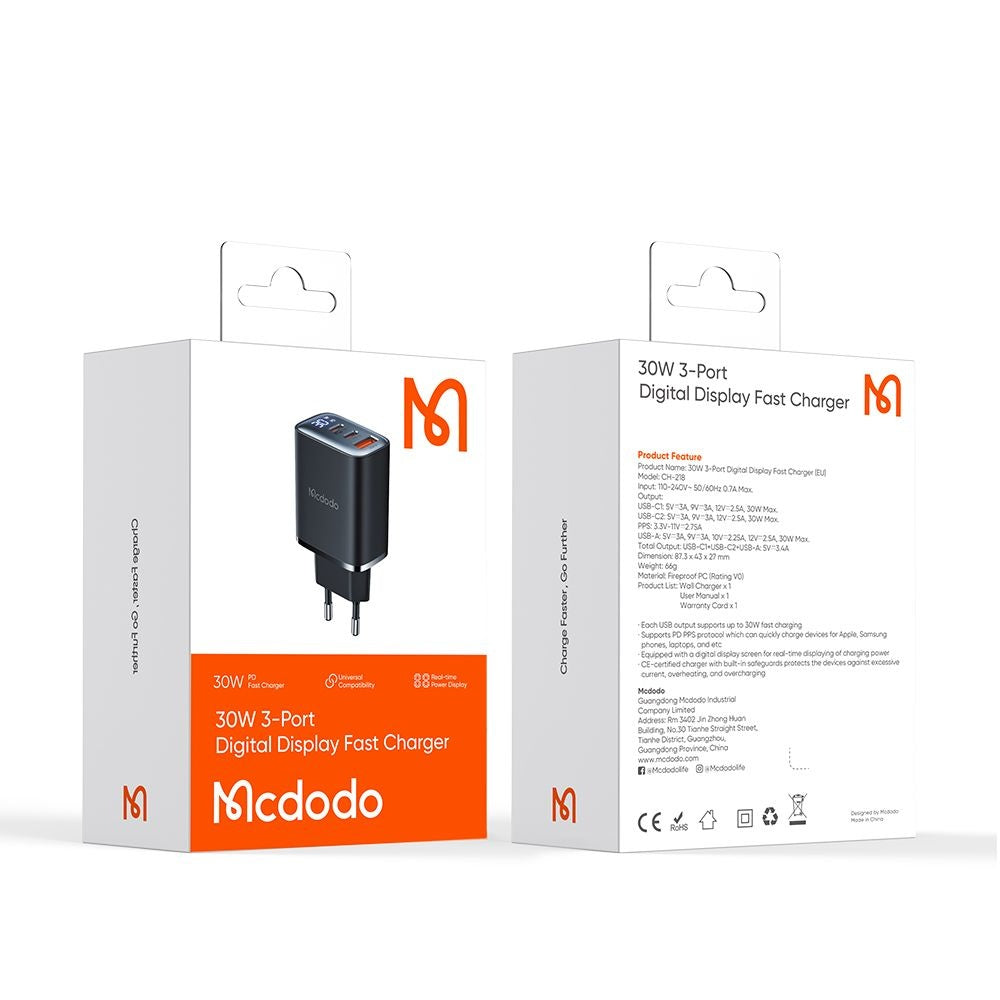 McDodo CH-2180 Nettlader Display, 30W, 3A, 1 x USB-A - 2 x USB-C, Svart