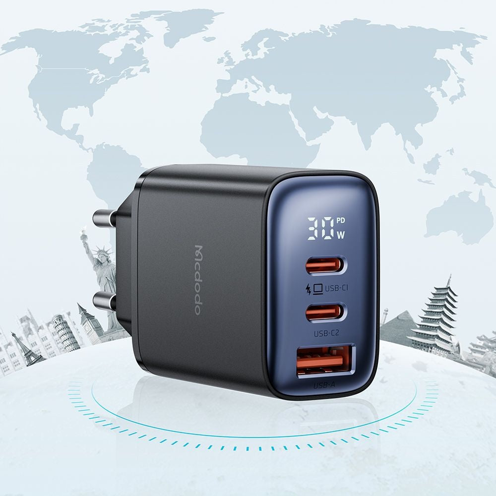 McDodo CH-2180 Nettlader Display, 30W, 3A, 1 x USB-A - 2 x USB-C, Svart