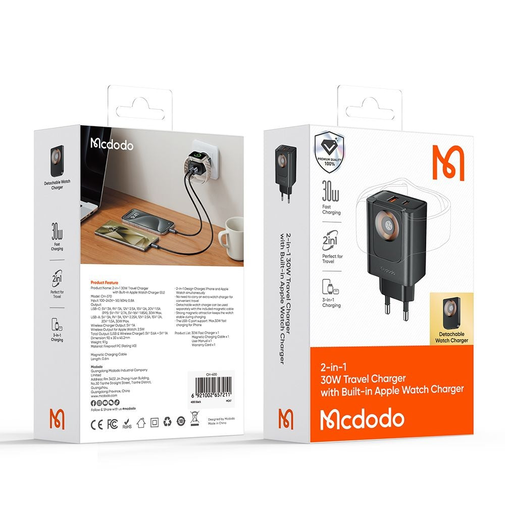 Nettlader McDodo CH-3700 Companion, 30W, 3A, 1 x USB-A - 1 x USB-C, Svart